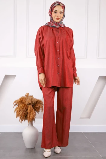 Bordo Tek Cepli Oversıze Tensel Tunik Pantolonlu Takım