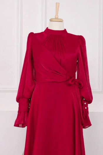 Bordo Yan Bağlamalı Kol Detaylı Abiye