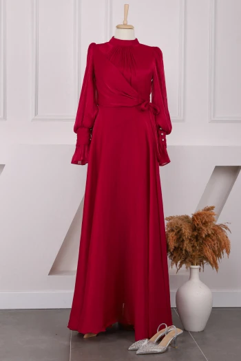 Bordo Yan Bağlamalı Kol Detaylı Abiye