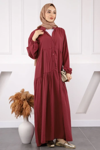Bordo Yarım Düğmeli Eteği Katlı Modal Elbise