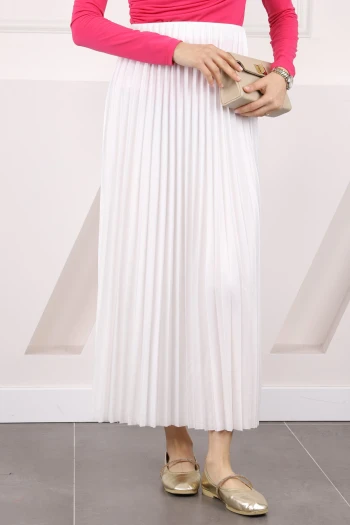 Ekru Bel Lastikli Piliseli Etek