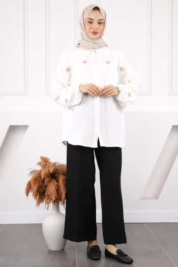 Ekru Kalp Nakışlı Keten Gömlek