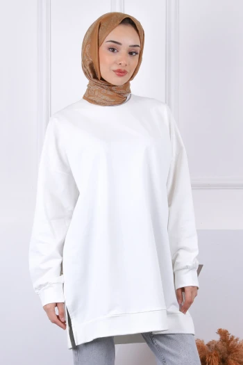 Ekru Pamuklu Kumaş Yan Yırtmaçlı Sweat