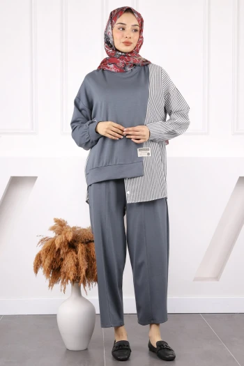 Füme Gömlek Garnili Modal Tunik Pantolonlu Takım