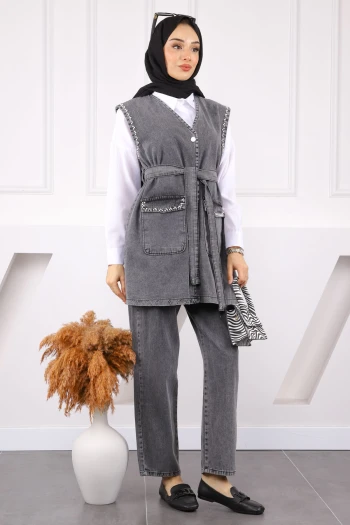 Füme İnci Detaylı Kot Yelek Pantolonlu Takım