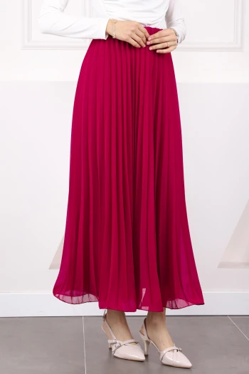 Fuşya Bel Lastikli Piliseli Şifon Etek