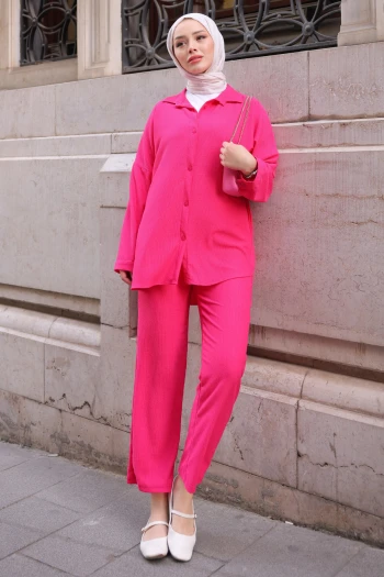Fuşya Bürümcük Gömlek Pantolon Takım