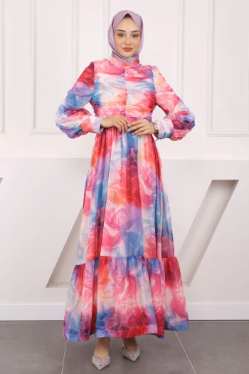 Fuşya Kolu Ve Önü Büzgülü Şifon Abiye