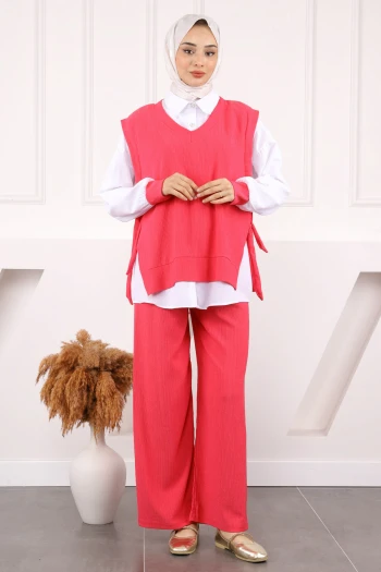 Fuşya Süveterli Gömlek Pantolonlu Kombin Takım