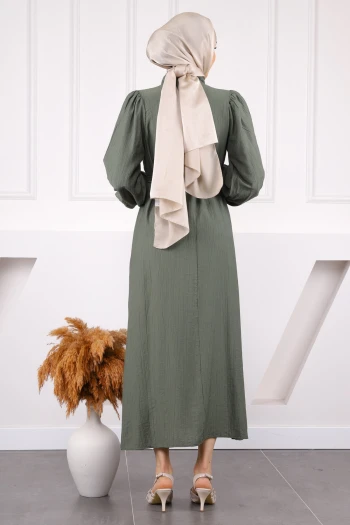 Haki Balon Kol Kuşaklı Elbise