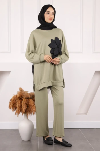 Haki Çiçek Detaylı Modal Tunik Pantolonlu Takım