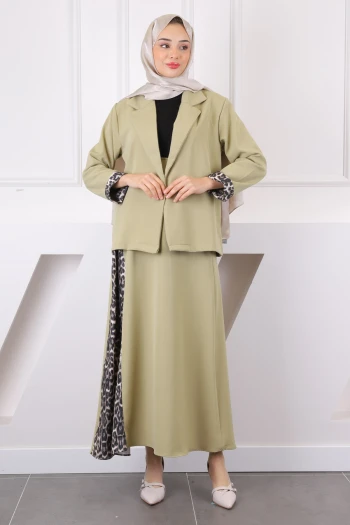 Haki Leopar Desenli Tunik Etekli Takım