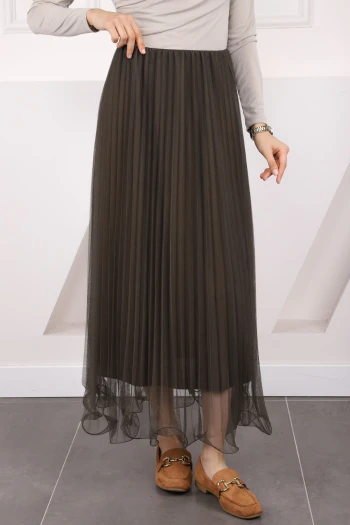 Haki Piliseli Bel Lastikli Etek