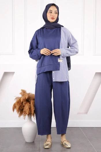 İndigo Gömlek Garnili Modal Tunik Pantolonlu Takım