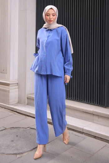 İndigo Yırtmaçlı Tunik Pantolonlu Takım
