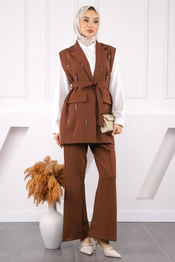 Kahve Gömlek Yelek Pantolonlu Kombin Takım