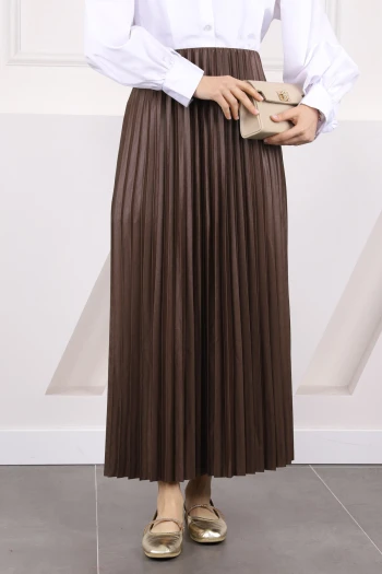 Kahverengi Bel Lastikli Piliseli Etek