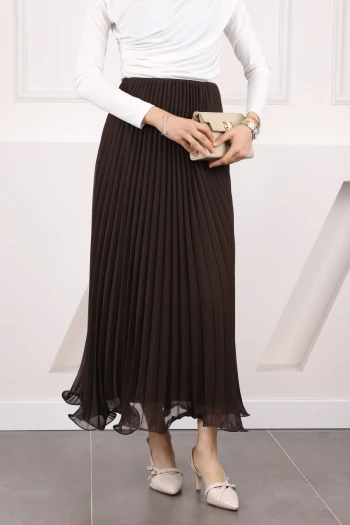 Kahverengi Bel Lastikli Piliseli Şifon Etek