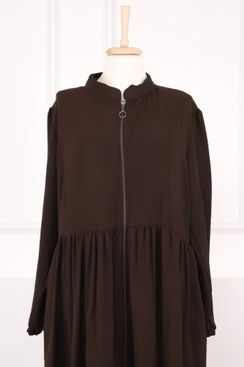 Kahverengi Kol Lastikli Fermuarlı Ferace