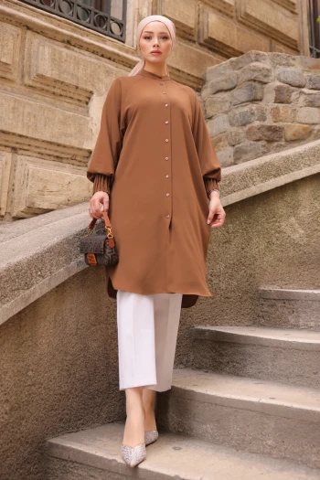 Kahverengi Kolları Nervürlü Linda Tunik