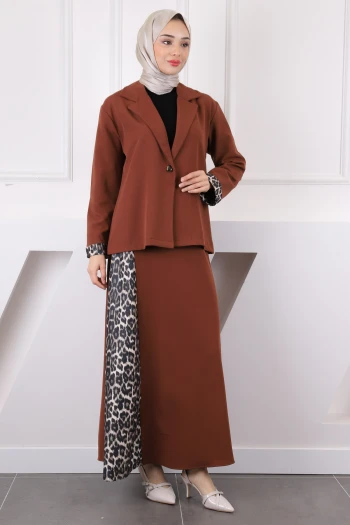 Kahverengi Leopar Desenli Tunik Etekli Takım