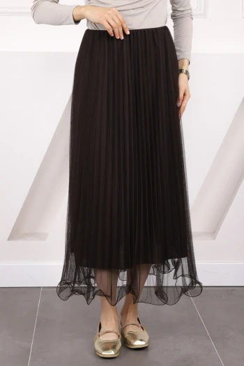 Kahverengi Piliseli Bel Lastikli Etek