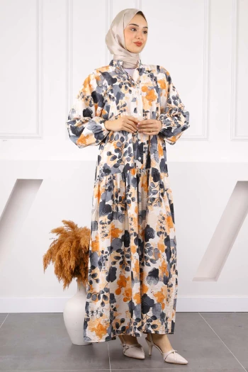 Kiremit Yarım Düğmeli Desenli Elbise