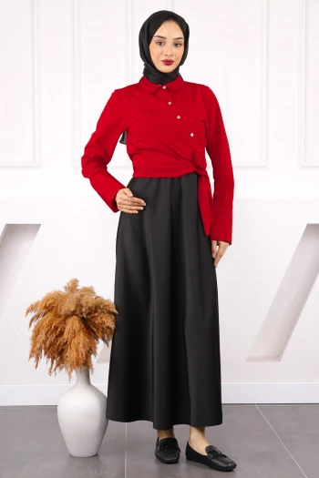 Kırmızı Bel Bağlamalı Crop Gömlek