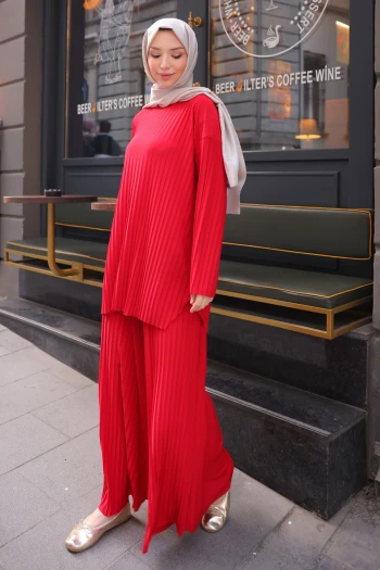 Kırmızı Piliseli Sandy Tunik Pantolon Takım
