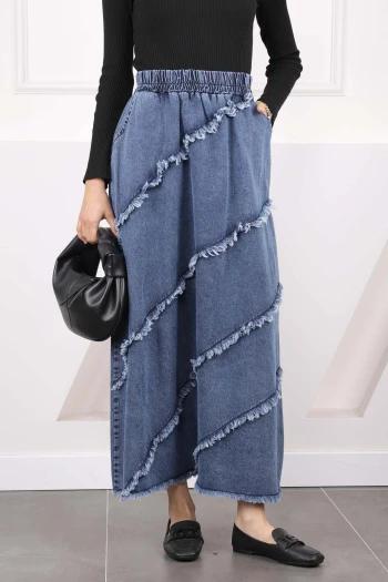 Koyu Mavi Bel Lastikli Cepli Kot Etek