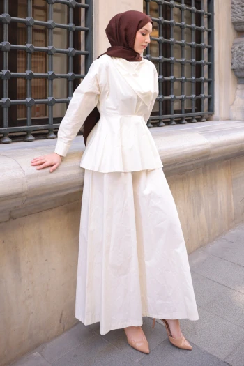 Krem Keten Bluz Pantolonlu Takım