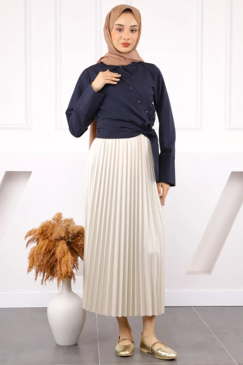 Lacivert Bel Bağlamalı Crop Gömlek