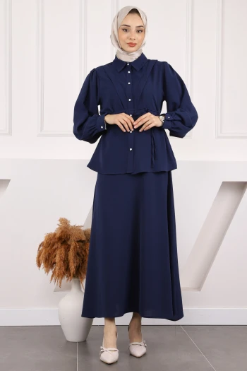 Lacivert Bel Kuşaklı Gömlek Etekli Takım
