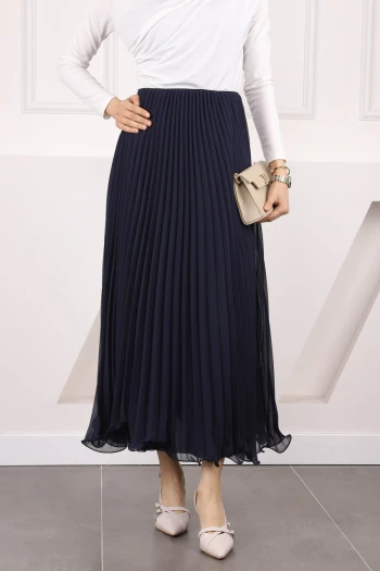 Lacivert Bel Lastikli Piliseli Şifon Etek