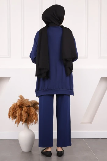 Lacivert Çiçek Detaylı Modal Tunik Pantolonlu Takım