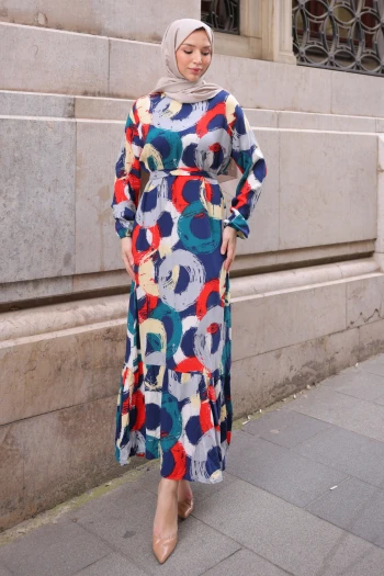 Lacivert Desenli Eteği Katlı Viscon Elbise