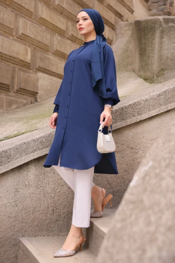 Lacivert Kolları Nervürlü Linda Tunik