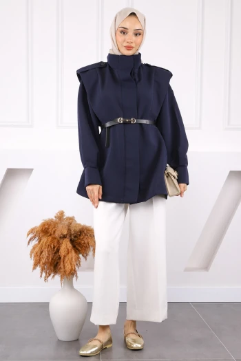 Lacivert Omuz Apoletli Kemerli Trençkot