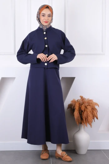 Lacivert Ön Düğmeli Ceket Etekli Takım