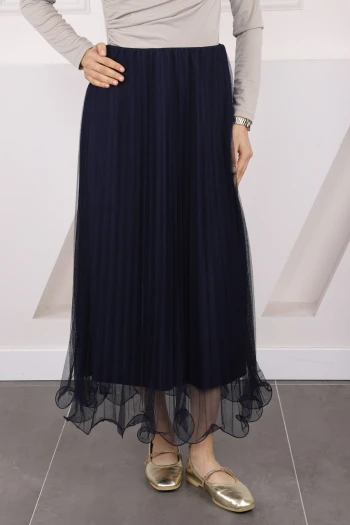 Lacivert Piliseli Bel Lastikli Etek