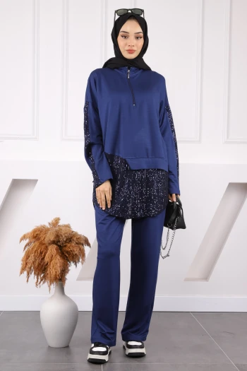 Lacivert Pul Detaylı Tunik Pantolonlu Takım