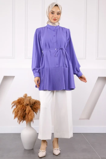 Lila Eteği Piliseli Bel Kuşaklı Tunik