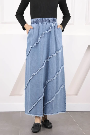 Mavi Bel Lastikli Cepli Kot Etek