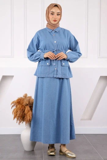 Mavi Cepli Ceket Etekli Kot Takım