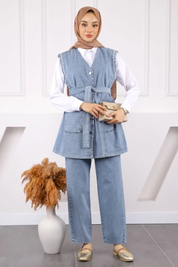 Mavi İnci Detaylı Kot Yelek Pantolonlu Takım