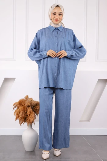 Mavi Tek Cepli Oversıze Tensel Tunik Pantolonlu Takım