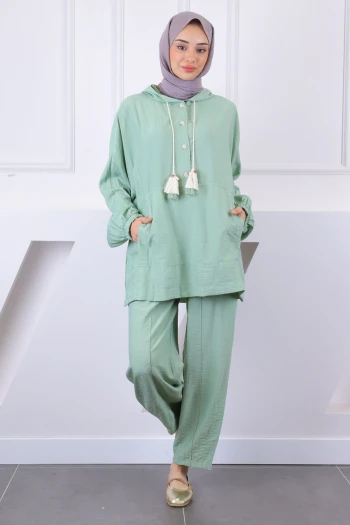 Mint Kapşonlu Cepli Tunik Pantolonlu Takım