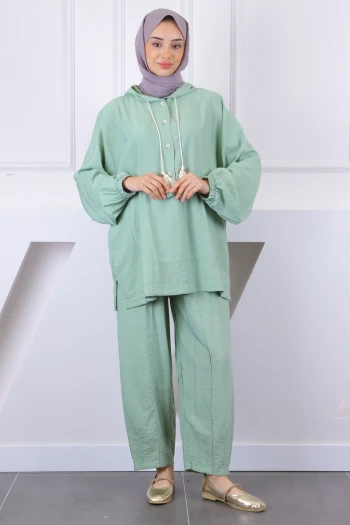 Mint Kapşonlu Cepli Tunik Pantolonlu Takım