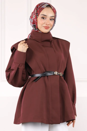 Mürdüm Omuz Apoletli Kemerli Trençkot