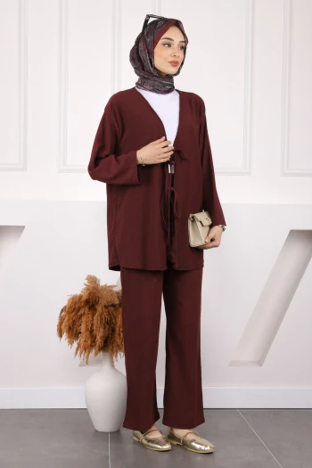 Mürdüm Ön Bağlamalı Bürümcük Ceket Pantolonlu Takım